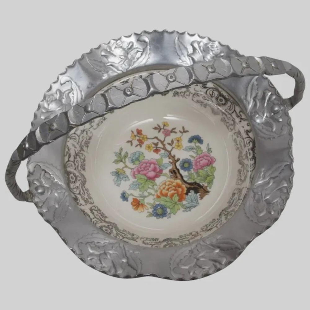 Vintage Farber & Shlevin Hammered Aluminum & Porcelain Bride's Basket